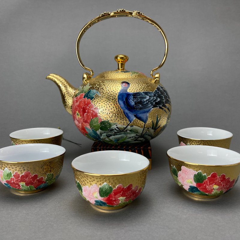 台灣【鎏金】手繪藍鵲牡丹黃金茶具組 - 茶壺/茶杯/茶具 - 陶 金色
