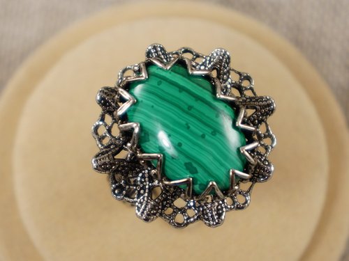 AGATIX Malachite Ring Green Stone Large Silver Filigree Adjustable Ring Woman Jewelry