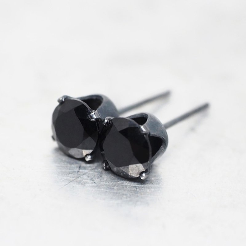 Black Spinel Black Earrings - Black Sterling Silver - 6mm Round - Onyx - ต่างหู - โลหะ สีดำ