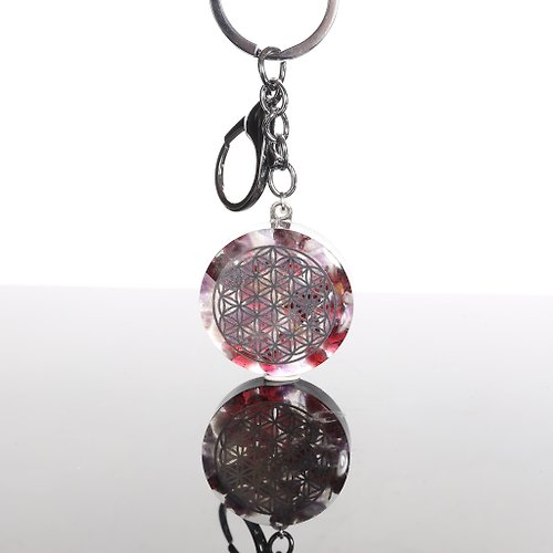 M31仙女星工作室 【母親節禮物】紫水晶石榴石生命之花開運鑰匙圈-吊飾Orgonite奧