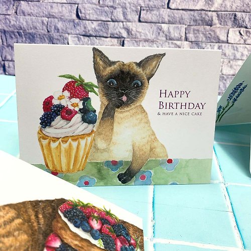 Yarnball | 針線球 貓與甜點生日卡片 | 暹羅貓 | 杯子蛋糕 | 生日 |慶生 | 賀卡