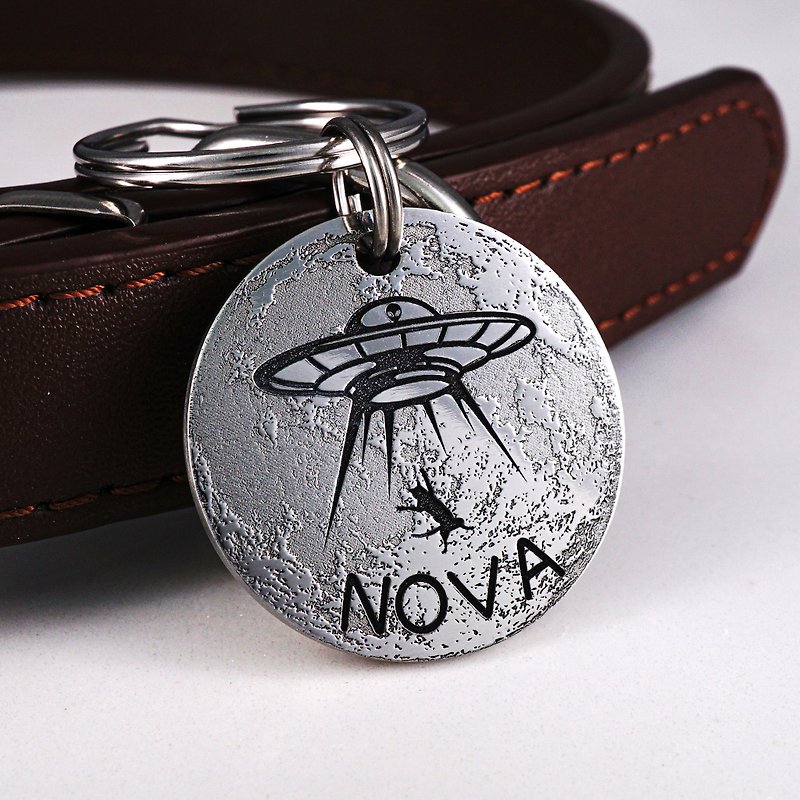Moon Dog Tag, Custom Cat Tag, Personalized Pet ID Tag, UFO Dog Tag Alien Pet Tag - Collars & Leashes - Stainless Steel Silver