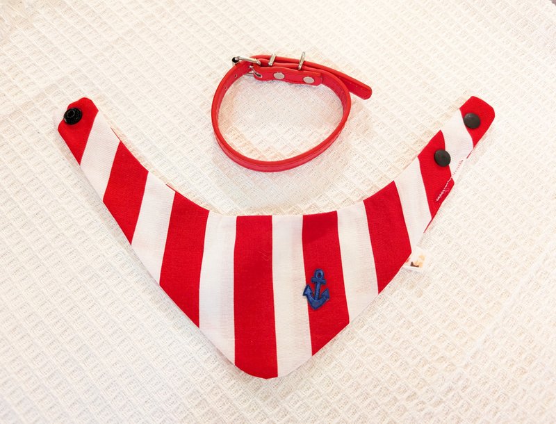 Pet red and white striped sailor style U-shaped neck scarf size can be customized - ปลอกคอ - ผ้าฝ้าย/ผ้าลินิน หลากหลายสี