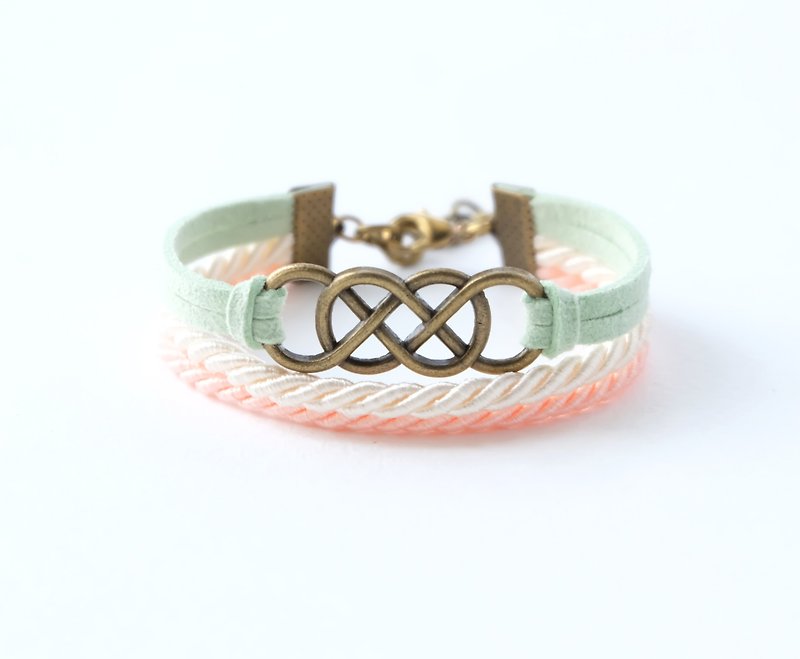 Brass double-infinity in Pale green suede / Cream / Peach - Bracelets - Other Materials Orange