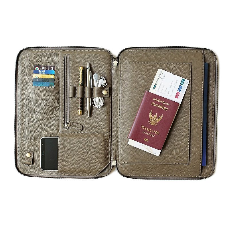Tech. Folio Smog color ESSENTIAL Journey Embossed full grain leather - Luggage & Luggage Covers - Genuine Leather Khaki