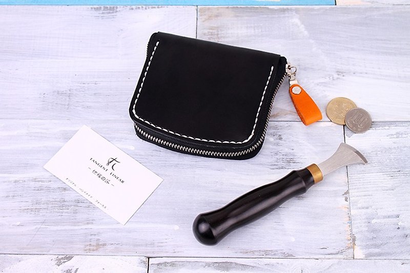 [Cut line] pure hand leather simple zipper purse / card package / business card wallet - Coin Purses - Genuine Leather Black