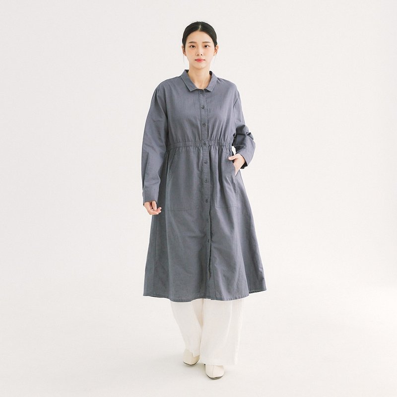 【Simply Yours】Shrunk Linen and linen long dress gray F - One Piece Dresses - Cotton & Hemp Gray