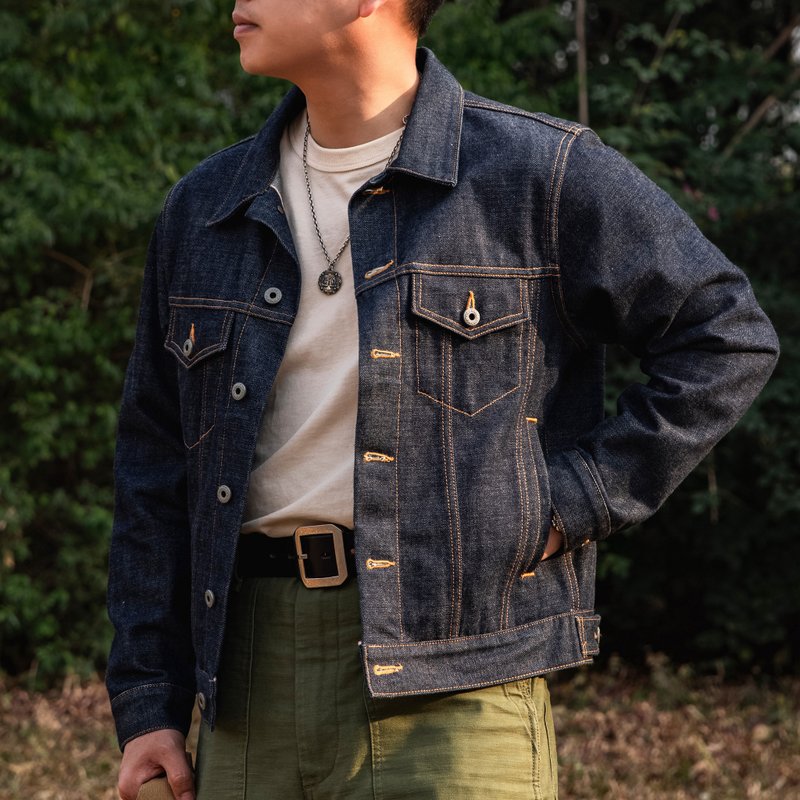 牛仔外套 Type3 桃太郎 16oz 粉色赤耳布邊 Vintage Denim Jacket - 男夾克/外套 - 棉．麻 藍色