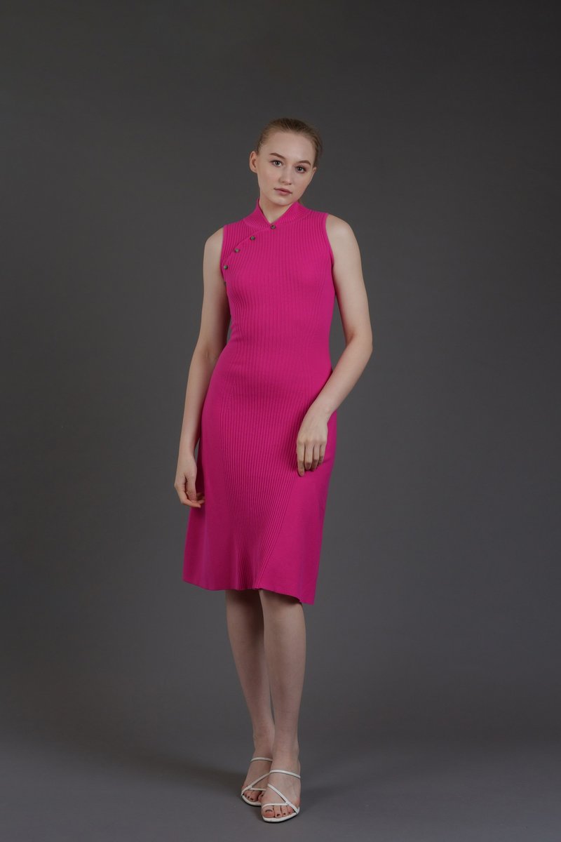 Sleeveless Ribbed Knitted Qipao (Fuchsia) - Qipao - Cotton & Hemp Pink