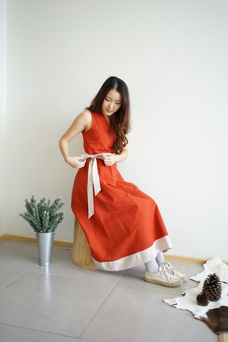 LOOKCHAN - cotton sleeveless wrap dress (red) - One Piece Dresses - Cotton & Hemp Red