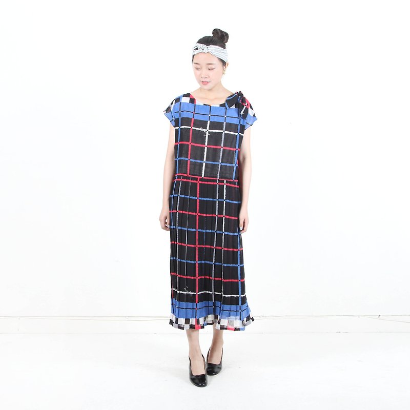 (Egg plants vintage) Pu Pu square printing short-sleeved vintage dress - One Piece Dresses - Polyester Black