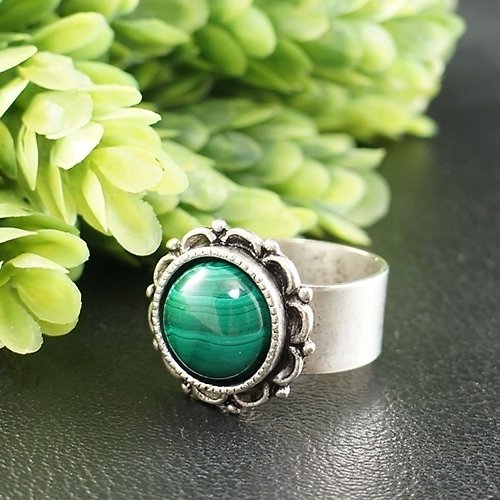 AGATIX Malachite Adjustable Ring Round Green Stone Silver Flower Free Size Ring Jewelry