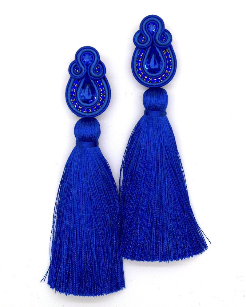 Earrings Long tassel earrings in blue color - ต่างหู - วัสดุอื่นๆ สีน้ำเงิน
