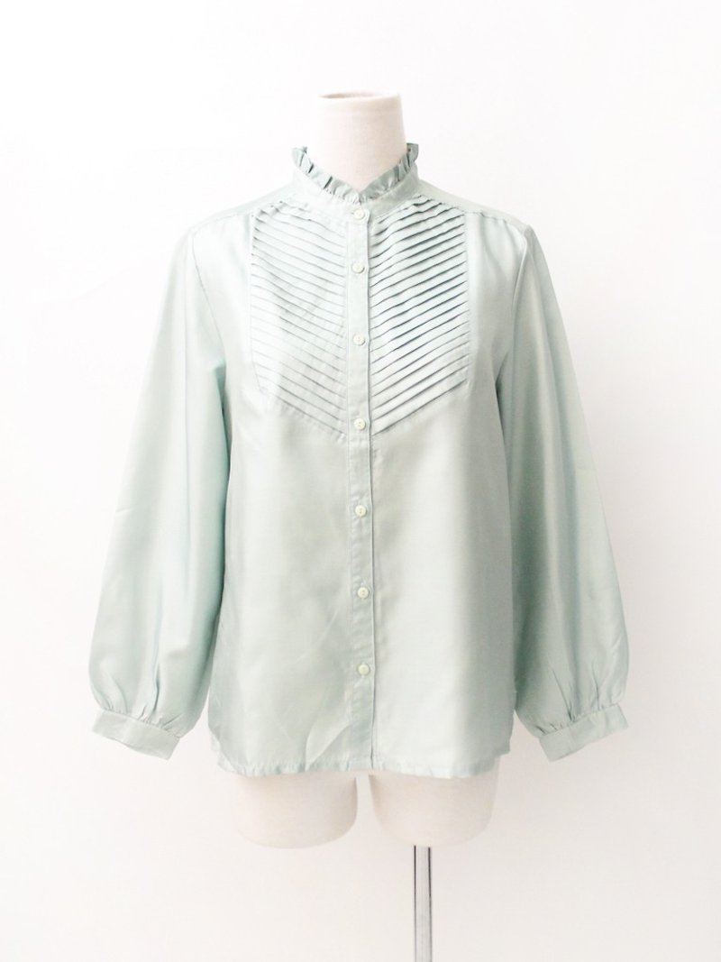 復古日本製法式優雅淡綠色立領薄古著襯衫 - 女襯衫 - 聚酯纖維 綠色