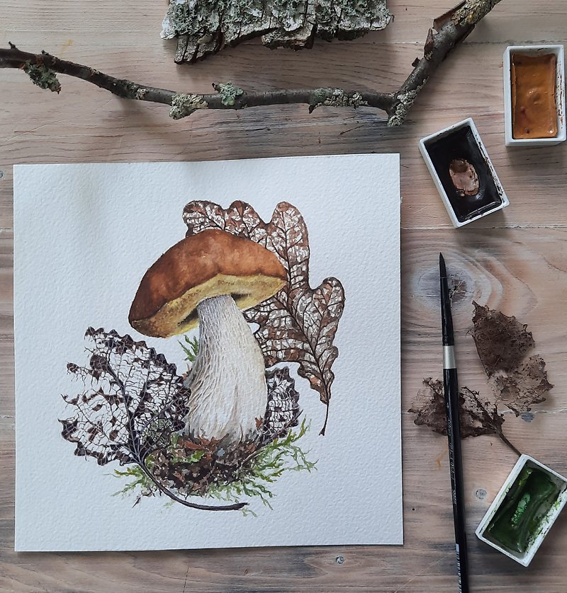 Original watercolor painting. Botanical art. Mushroom art - ตกแต่งผนัง - กระดาษ สีนำ้ตาล