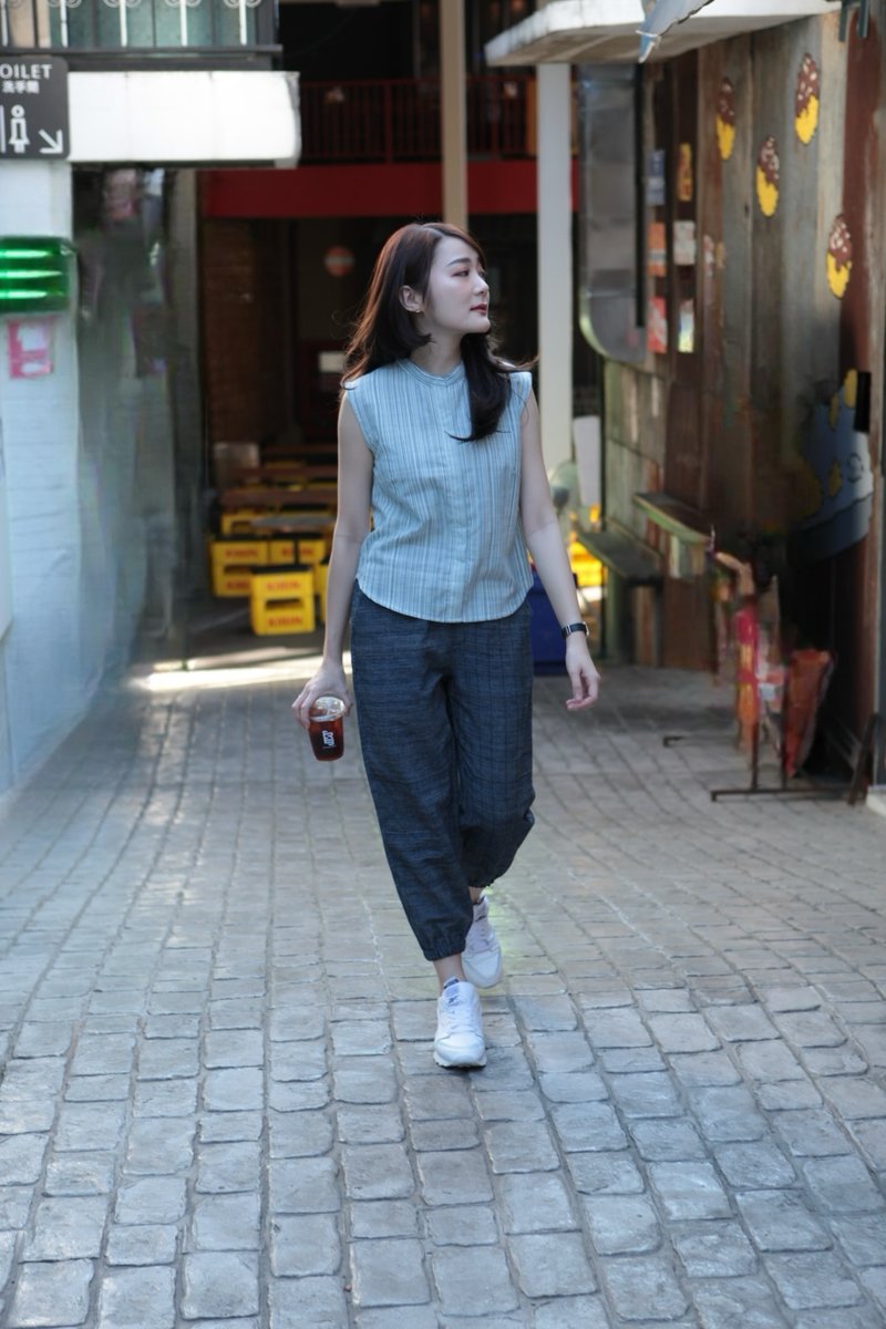 Jinny Long jump Pants cotton blue indigo cotton - 男長褲/休閒褲 - 棉．麻 藍色