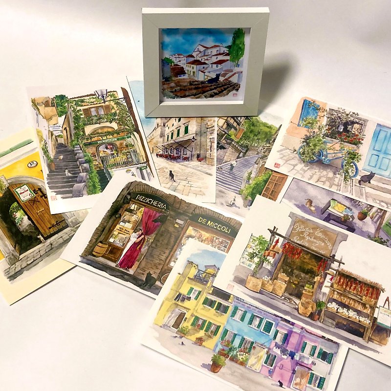 Watercolor postcard & mini frame of landscape with cat - การ์ด/โปสการ์ด - กระดาษ 