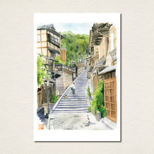 ある日の美術館 猫の親子 ポストカードsize 水彩画原画
