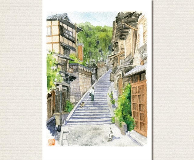 猫のいる風景の水彩画ポストカード&ミニフレーム - ショップ