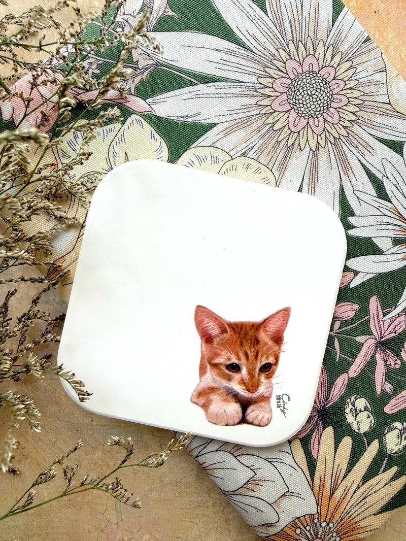 手繪插畫小貓杯墊 方形吸水杯墊 - 杯墊 - 陶 
