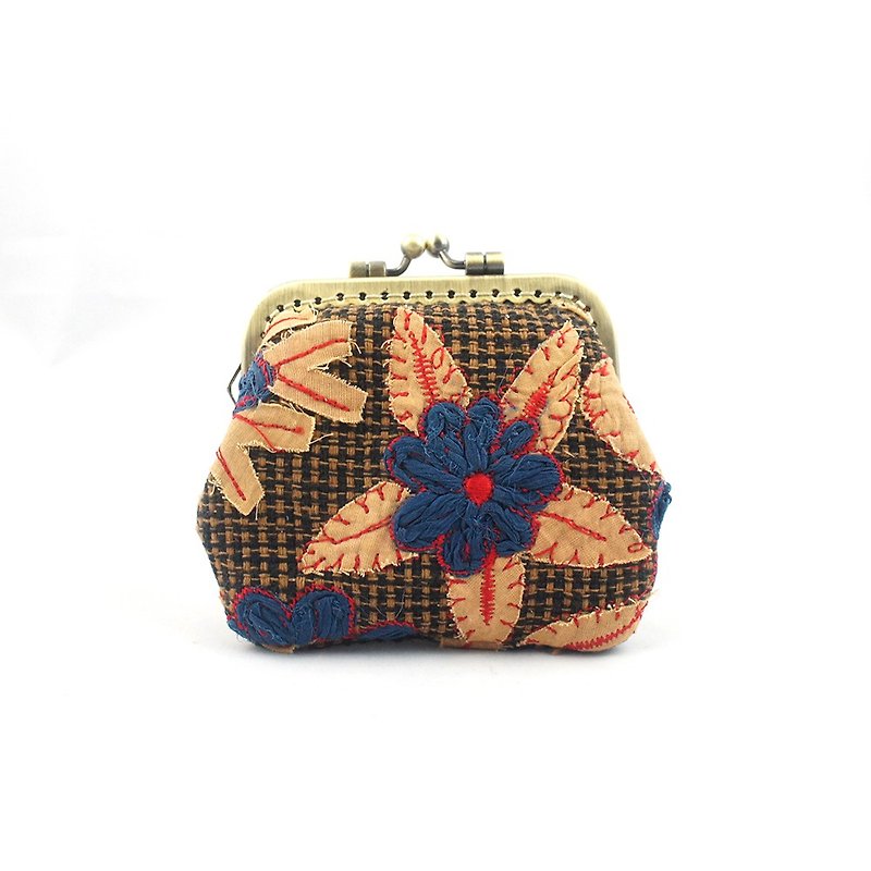 【Embroidery series】Flower clip mouth gold bag - กระเป๋าใส่เหรียญ - ผ้าฝ้าย/ผ้าลินิน สีส้ม
