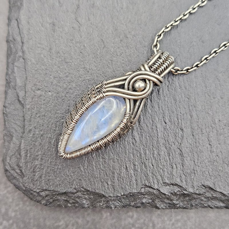 Moonstone Wire Wrapped Pendant , Silver , Oxidized - สร้อยคอ - เงินแท้ ขาว