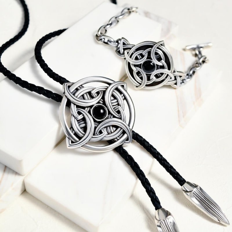 Celtic Knot Paul Tie Bolo Tie Genuine Leather Necklace Leather Cord Tie Long Necklace - Ties & Tie Clips - Genuine Leather Silver