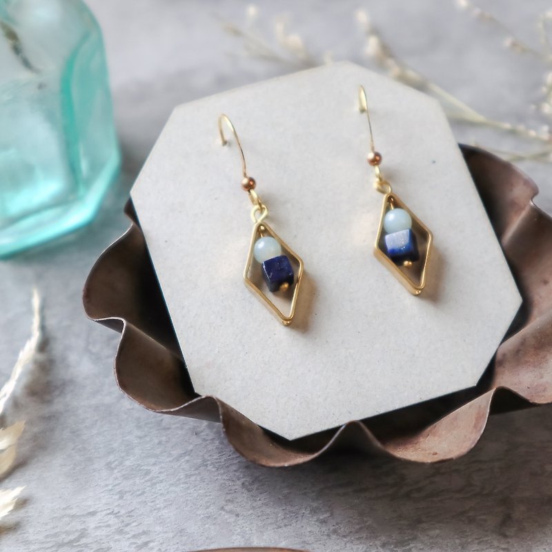 Natural stone geometric brass earrings - travel - Earrings & Clip-ons - Copper & Brass Blue