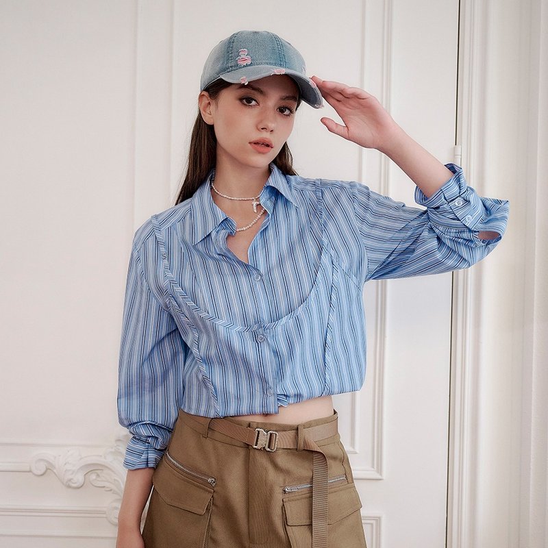 OUWEY Ouwei fashion suspender style cotton shirt (blue) 3243321544 - เสื้อเชิ้ตผู้หญิง - ผ้าฝ้าย/ผ้าลินิน สีน้ำเงิน