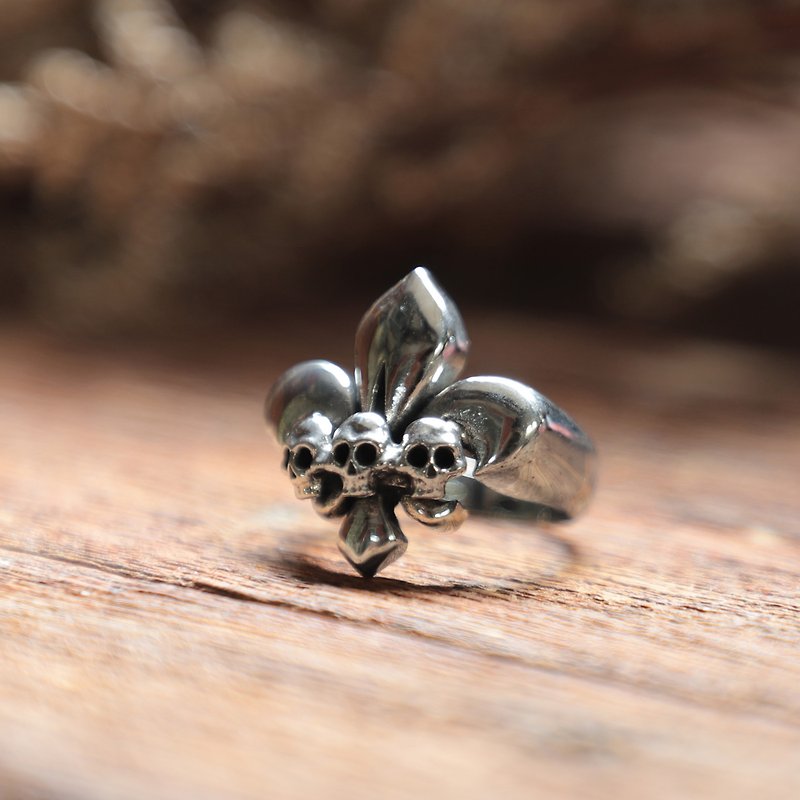 fleur de lis 3 skull ring SILVER sterling GOTHIC KNIGHT royal punk French Biker - General Rings - Other Metals Silver
