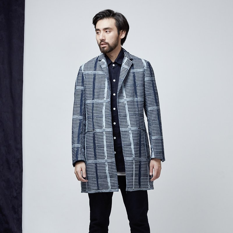 DYCTEAM - Jacquard Coat Denim Floral Suit Coat - เสื้อโค้ทผู้ชาย - ผ้าฝ้าย/ผ้าลินิน สีน้ำเงิน