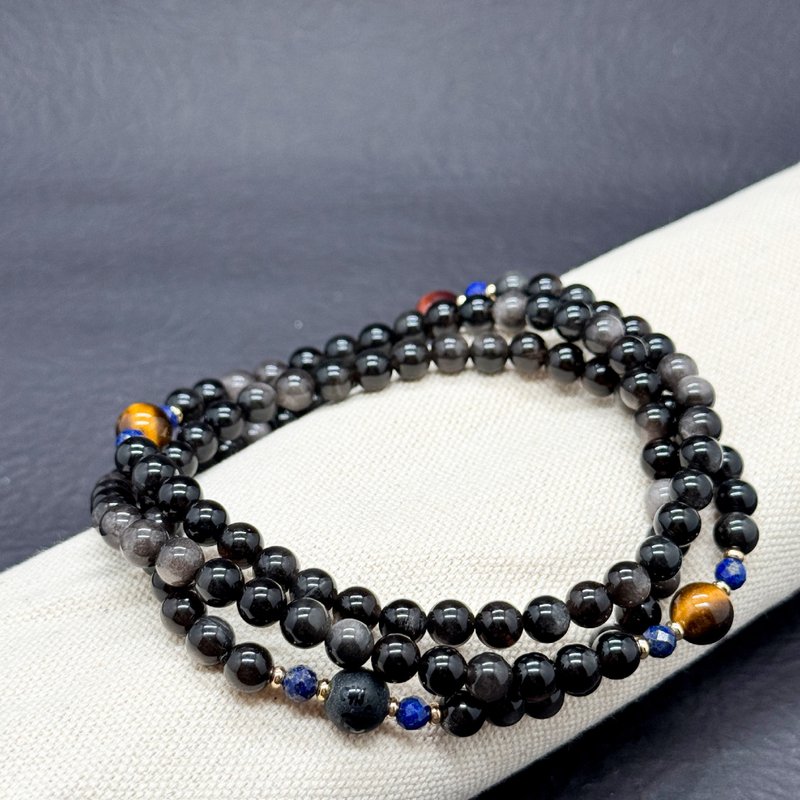 Zen | 108 rosary beads Silver Stone Stone lapis lazuli obsidian six-character mantra - สร้อยข้อมือ - คริสตัล 