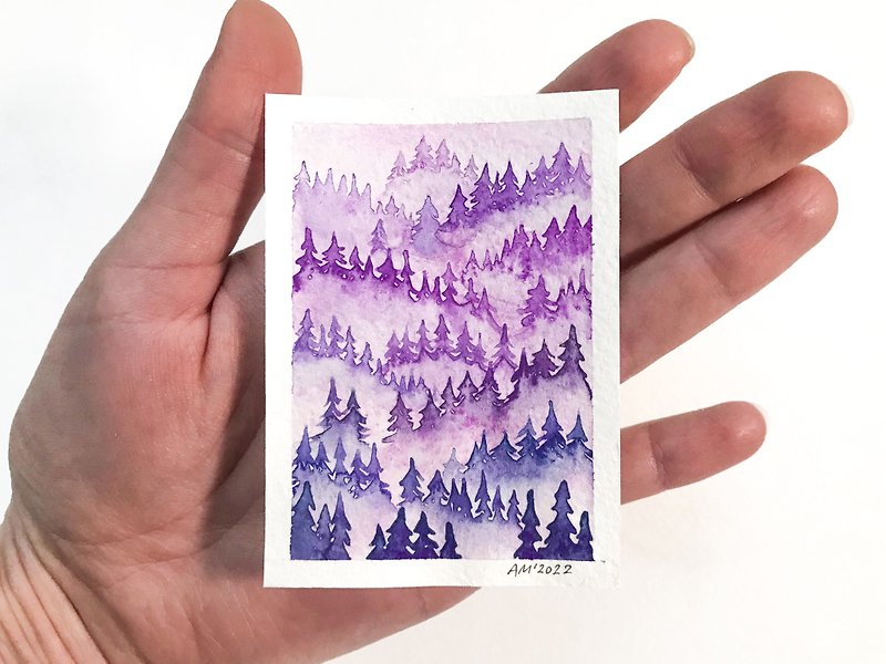 ACEO original art watercolor card Forest painting Small art 2,5 x 3,5 inches - ตกแต่งผนัง - กระดาษ สึชมพู