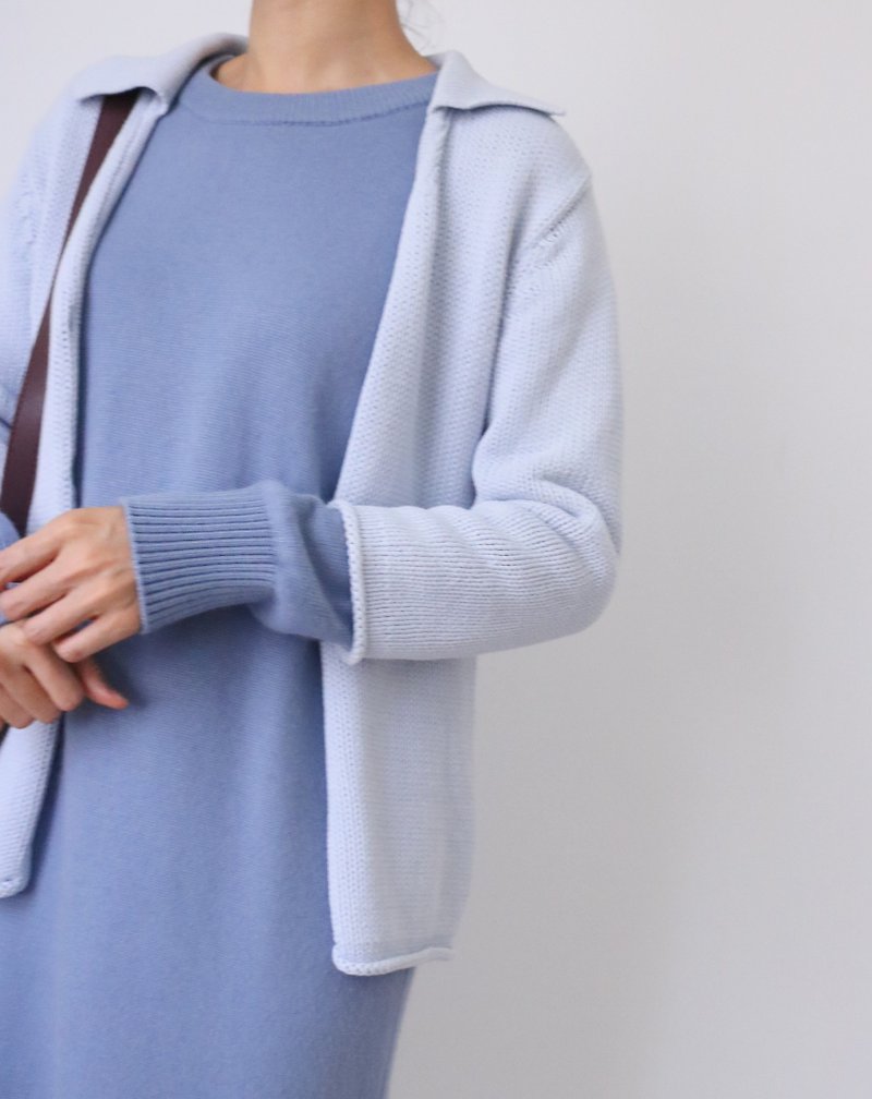 Sweden bought a vintage light blue cotton knit wind seven-point sleeve small blouse - สเวตเตอร์ผู้หญิง - ผ้าฝ้าย/ผ้าลินิน 