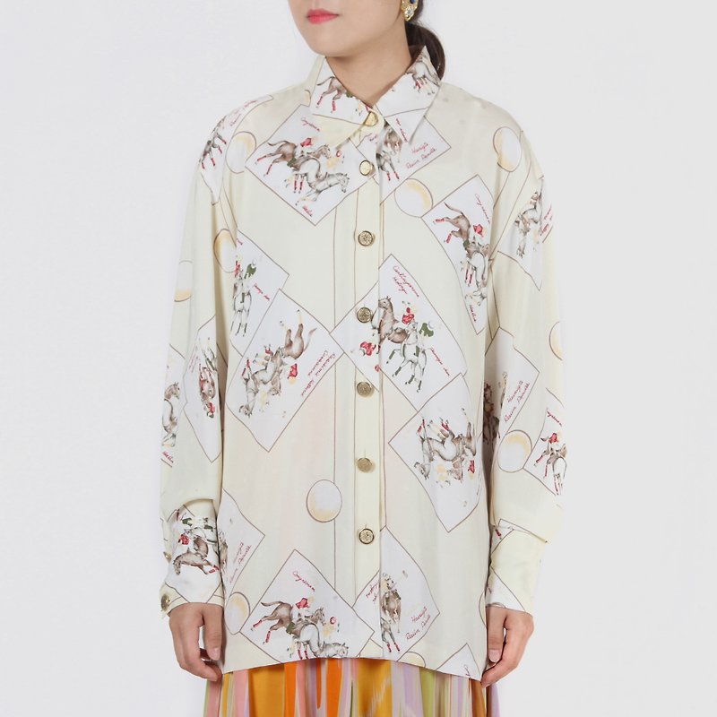 [Egg plant vintage] Polo tournament print blouse vintage shirt - เสื้อเชิ้ตผู้หญิง - เส้นใยสังเคราะห์ 
