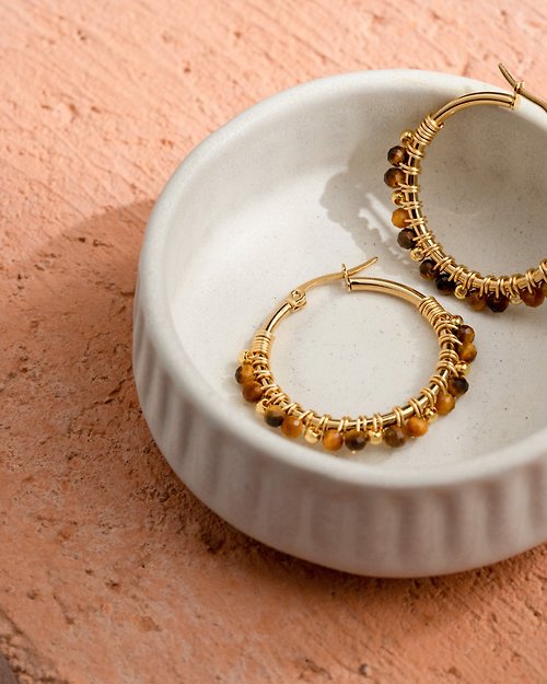 aristarjewelry Large Amina Earrings in Tiger Eyes (18K Gold Plated Tiger Eyes Hoops)