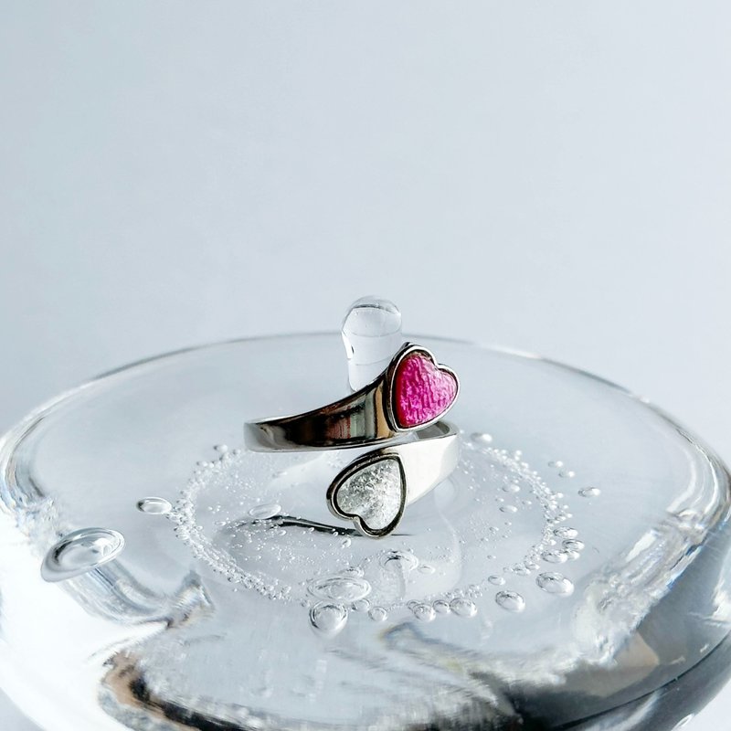 Twin Hearts [Rose & Silver] Cloisonne ring, pure silver cloisonne - General Rings - Other Materials Pink