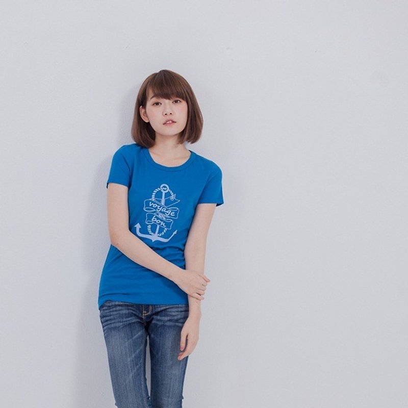 Voyage Bon peach cotton round neck T-shirt Women blue - Women's T-Shirts - Cotton & Hemp Blue