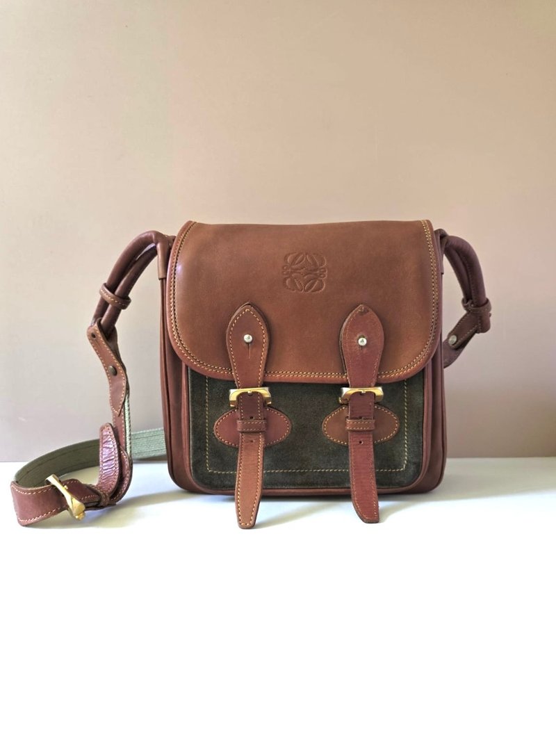 絕版古董包 Loewe拼色豆腐包側背包 斜孭包 中古包 皮革包 單肩包 - 側背包/斜背包 - 真皮 咖啡色