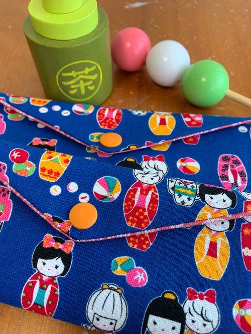 winnie設計館 文青風環保筷袋 日本娃娃 藍 手作餐具袋.交換禮物.