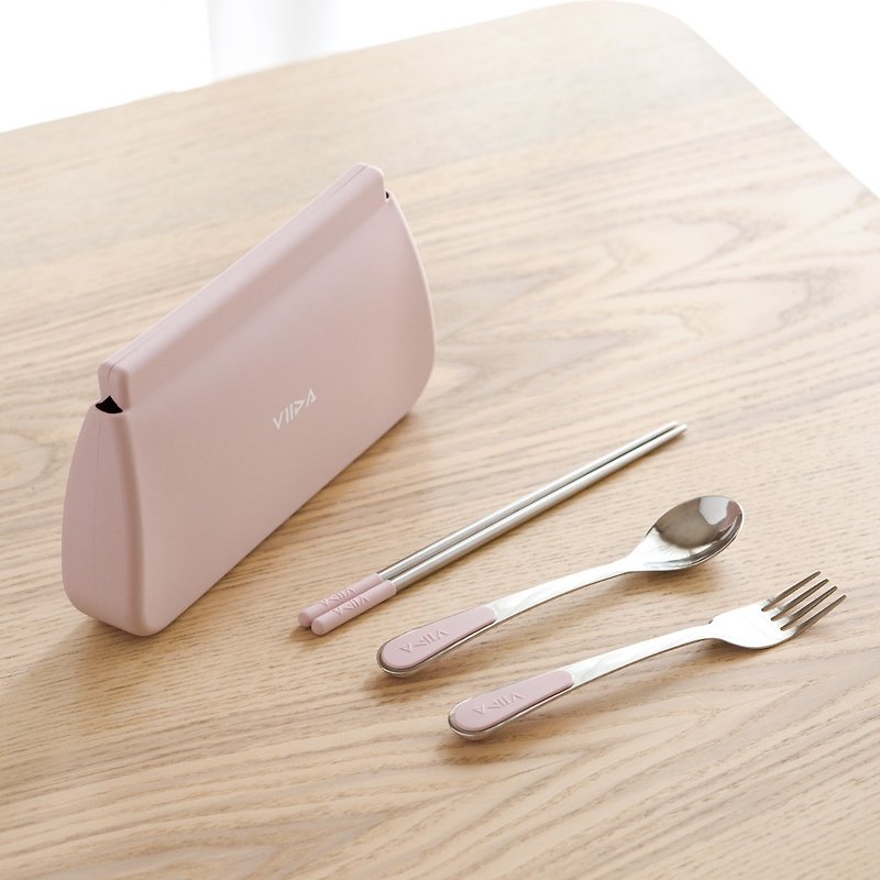(便攜餐具環保四件組) Pali 筷+Culi 湯匙+Toli 餐叉+ 收納袋XL - 餐具/刀叉湯匙 - 不鏽鋼 粉紅色