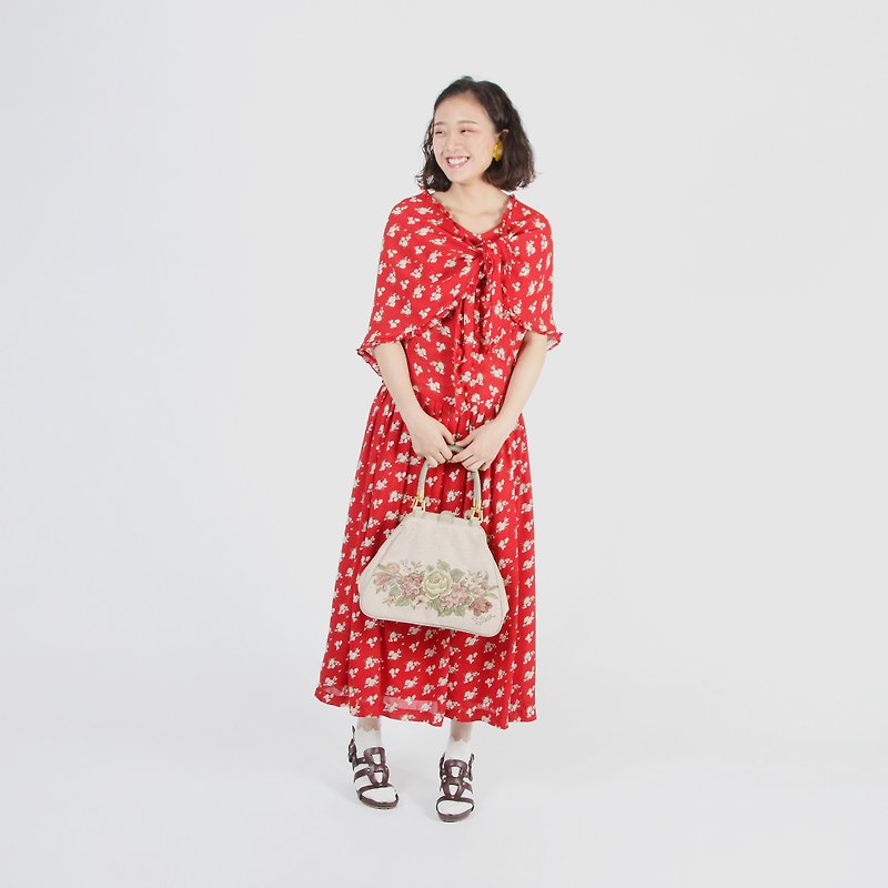 [Egg Plant Vintage] Showa Day Print Sleeveless Shawl Vintage Dress - One Piece Dresses - Polyester Red