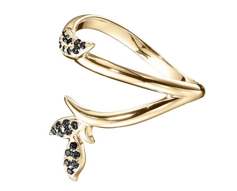 密釘鑲黑鑽石14k黃金結婚戒指 另類植物訂婚戒指 非傳統樹枝戒指