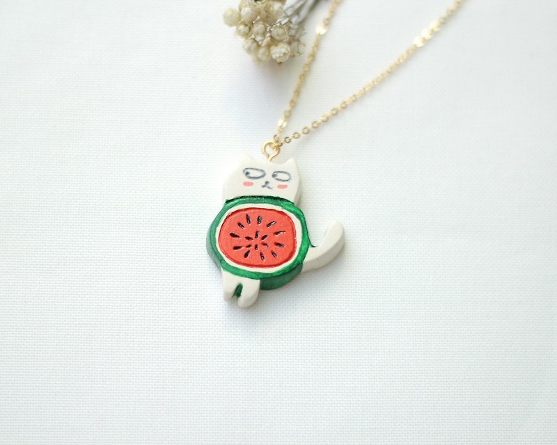 Animals in Wonderland - Handmade  watermelon  cat  necklace - Necklaces - Clay Red