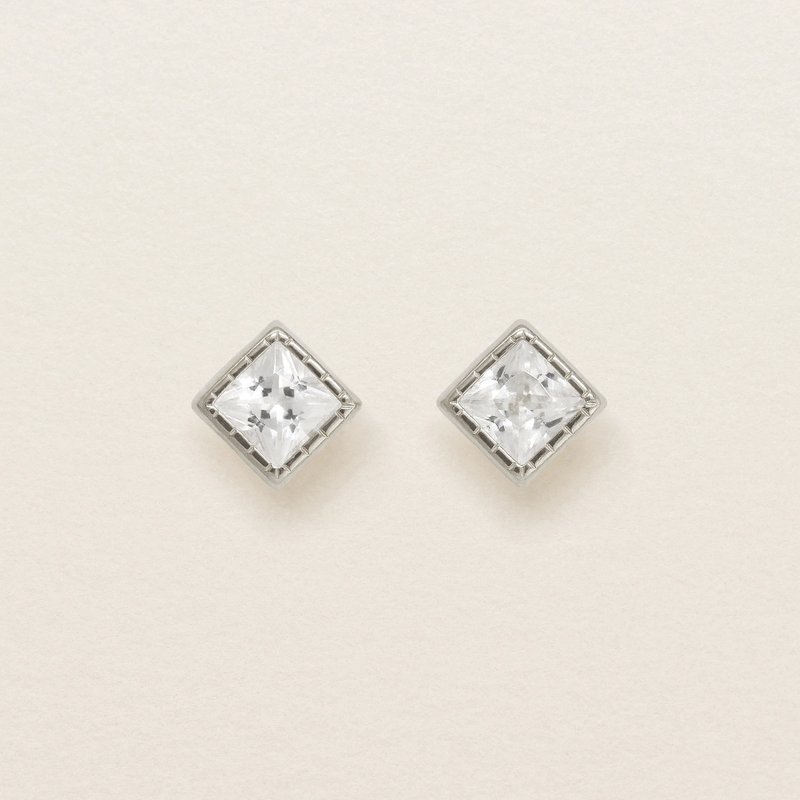 【Second Earrings】 鉑金立方氧化鋯方形切割耳環 - 耳環/耳夾/耳骨夾 - 貴金屬 