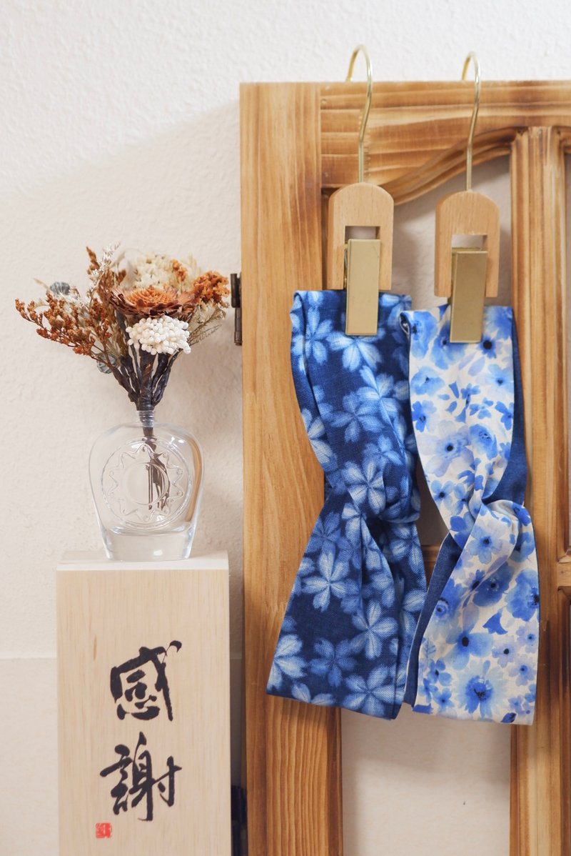 交叉髮帶の藍調花卉 - 髮箍/髮帶 - 棉．麻 藍色