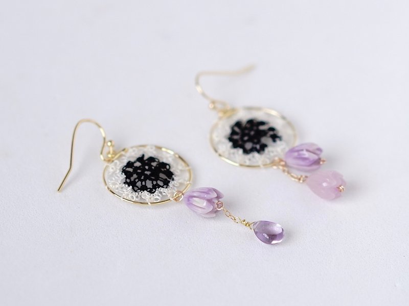 2 birthstone of the month amethystsilk lace and lilac earrings/clip - ต่างหู - วัสดุอื่นๆ หลากหลายสี