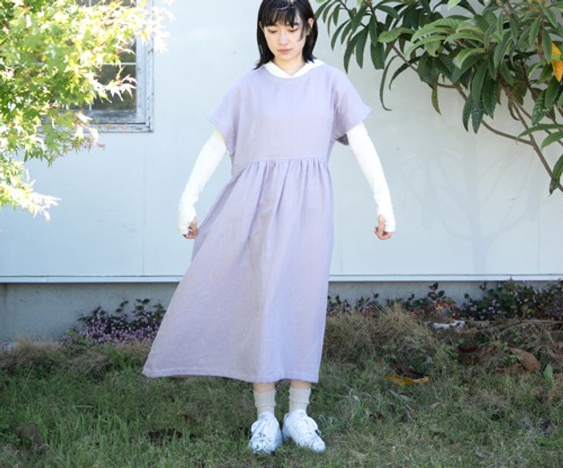 Linen & Organic Cotton Gauze Loose Short Sleeve Long Dress [Lavender Dyed/Botanical Dyed] - ชุดเดรส - วัสดุอื่นๆ 