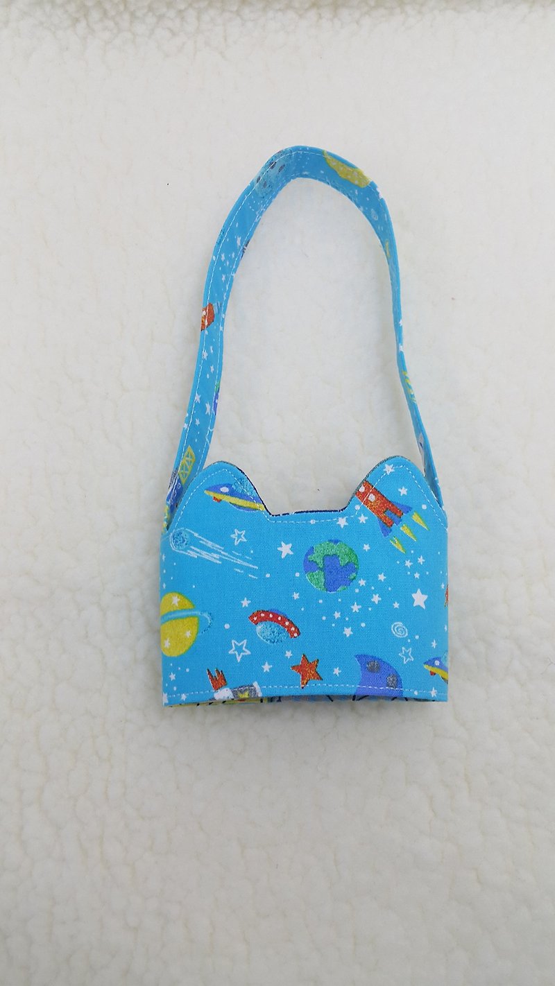 Space planet cat ears with eco-friendly drink cup sleeve bag / double-sided available - Beverage Holders & Bags - Cotton & Hemp Blue