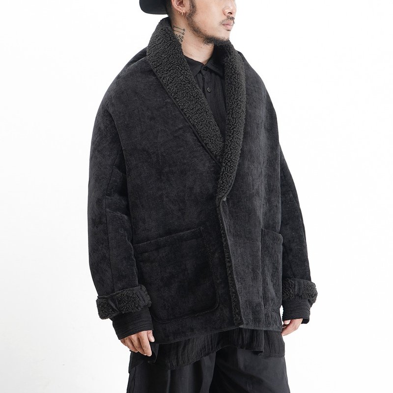 Winter Japanese style deconstructed tailoring retro lamb velvet loose cotton short coat - Men's Coats & Jackets - Cotton & Hemp 